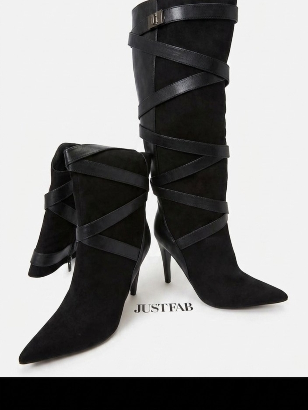 JustFab Black Crisscross Strap Pointed Knee Boots